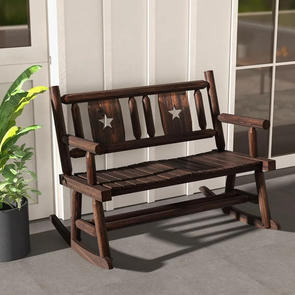 

Outdoor Rocking Bench, Patio Loveseat Rocker for 2 w/Ergonomic Back & Log Arms, Carbonized Fir Wood Frame.