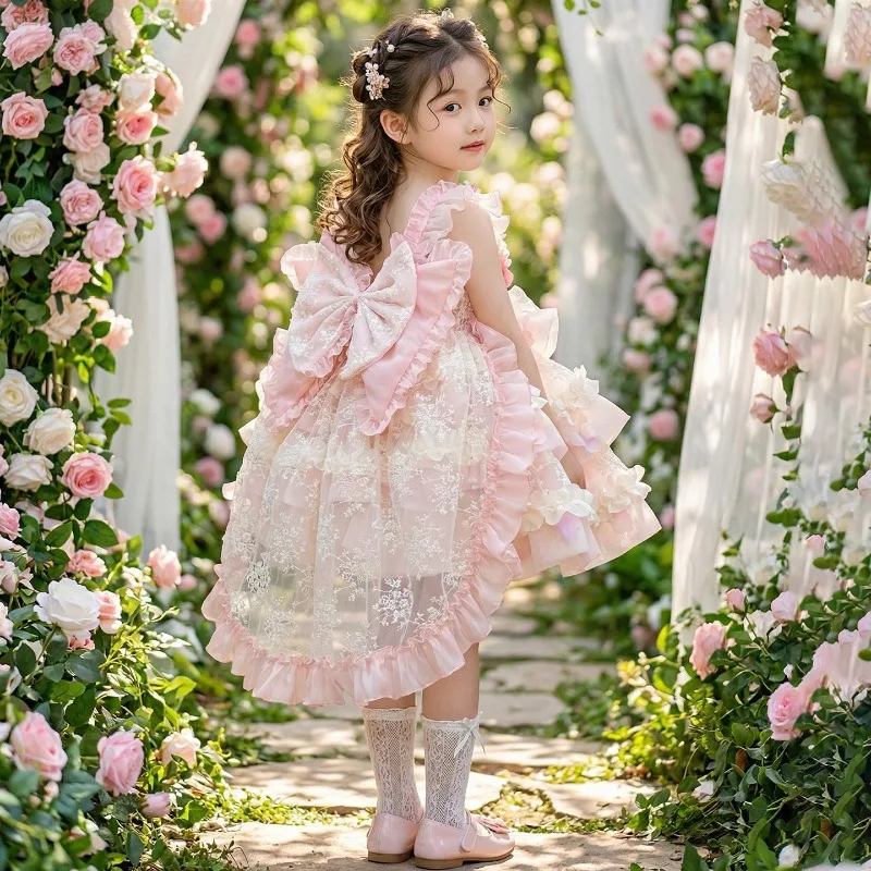 Original Girl Lolita Princess Dress Children's Pink Flower Birthday Wedding Party Dress High-end Custom Girls' Boutique Dress