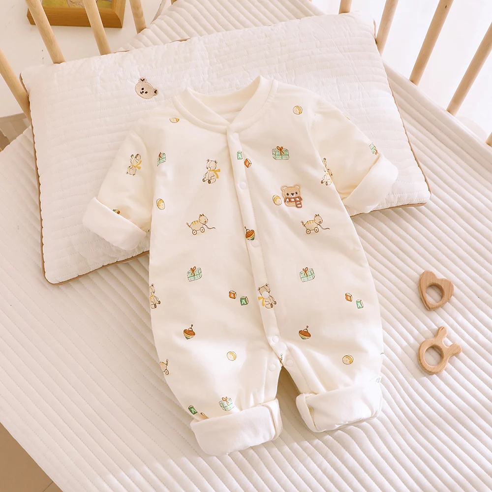 Winter Baby Rompers 0-12M Cute Bear Bunny Infant Jumpsuit Fleece Lining 40g Autumn Girls Clothes Toddler Outwear