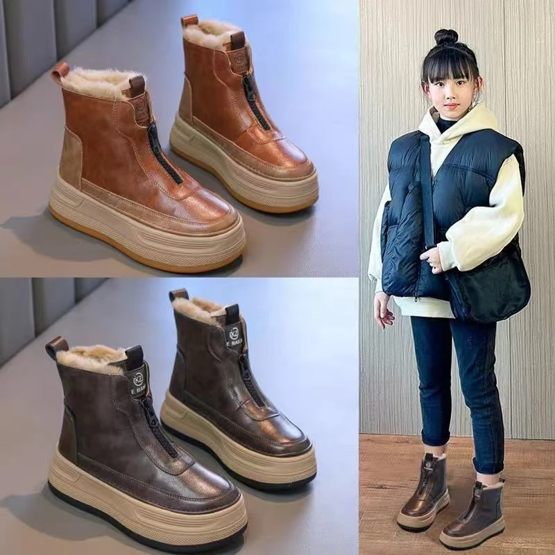 

Kids Winter Warm Snow Boots Boys Girls Mid Cut Fleece Lined Cotton Shoes Anti Slip Waterproof Outdoor Footwear for Child