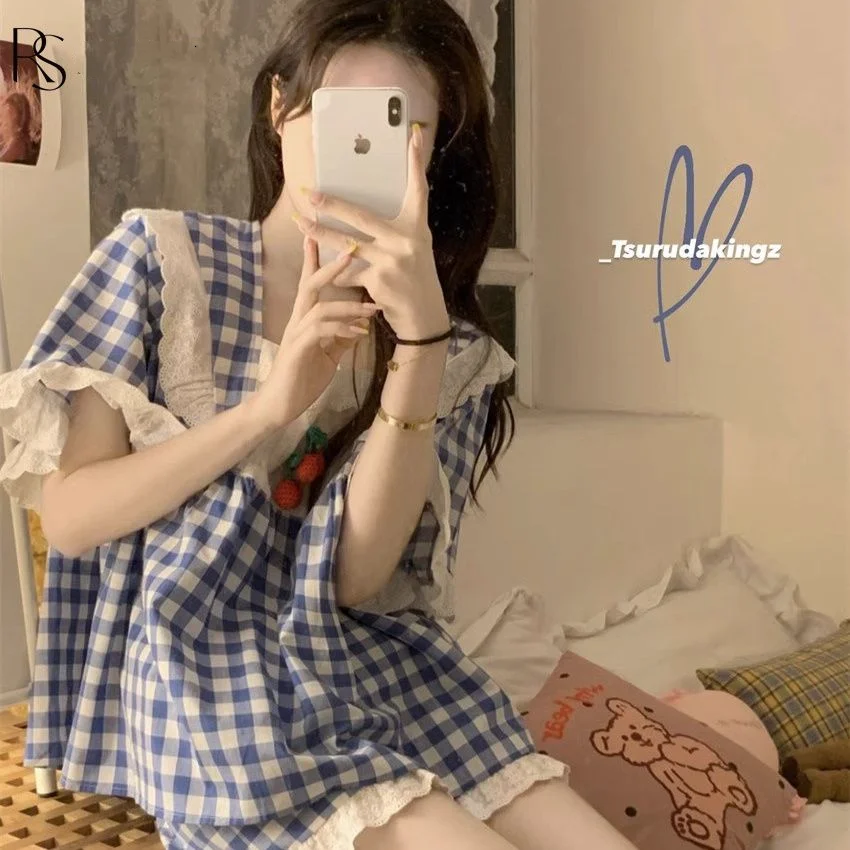 Japanese spring summer pajamas female cute plaid short-sleeved shorts two-piece set of sweet students home clothing