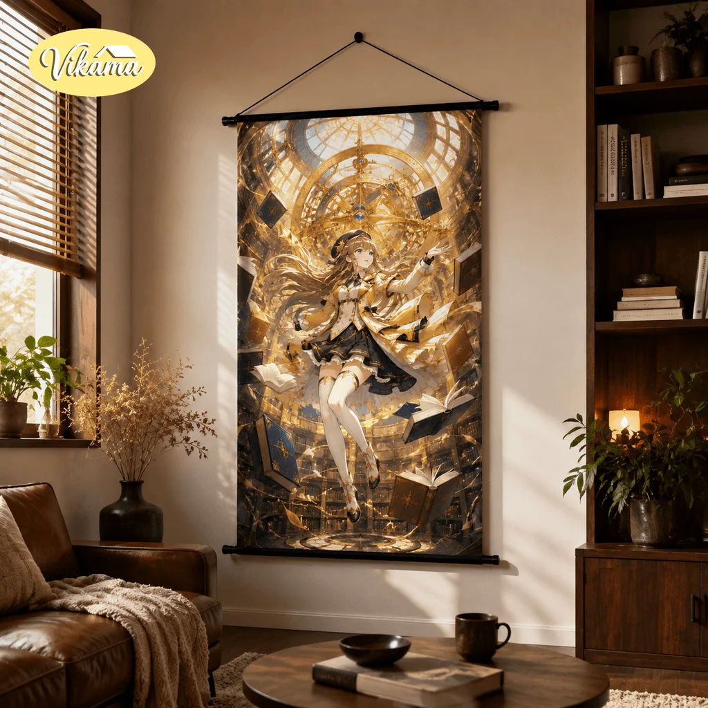 VIKAMA Enchanted Library Anime Tapestry Wall Hanging Magic Book Starry Sky Girl Wall Art Decor for Bedroom Living Room Home
