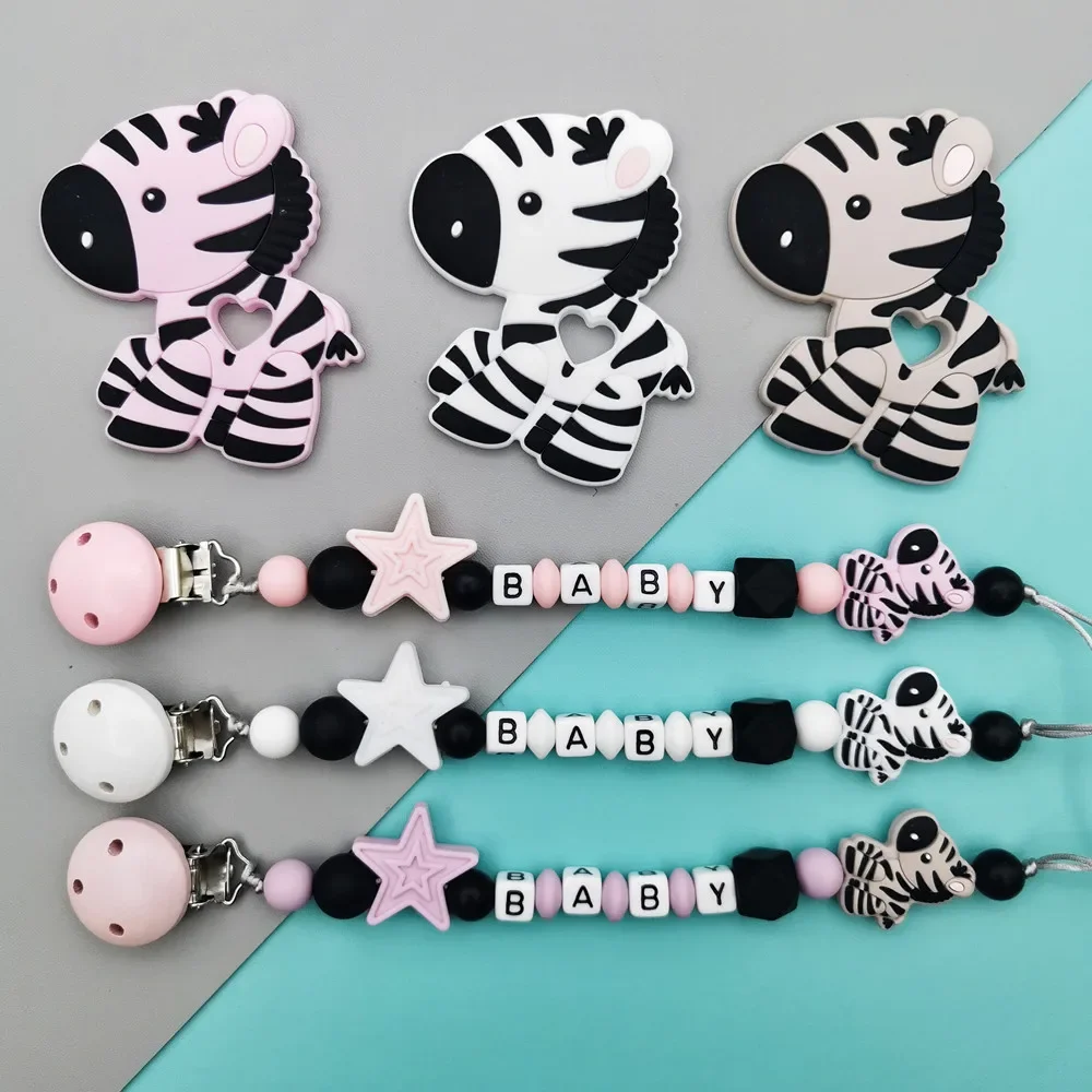 

Custom English Letter Name Baby Silicone Zebra Beads Pendant Pacifier Clips Chains Chew Teether Baby Pacifier Kawaii Toy Gifts