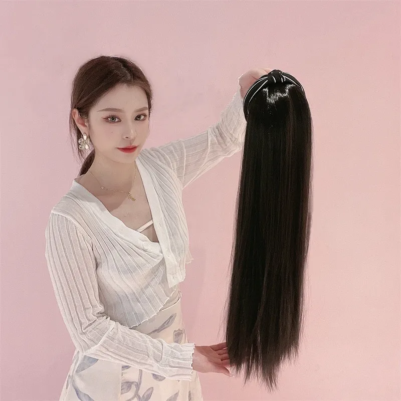 

Synthetic Wigs for Women, Long Hair Lazy Hair Clips, Wig for Internet Celebrities, Black Straight Long Hair Half-Head Cap