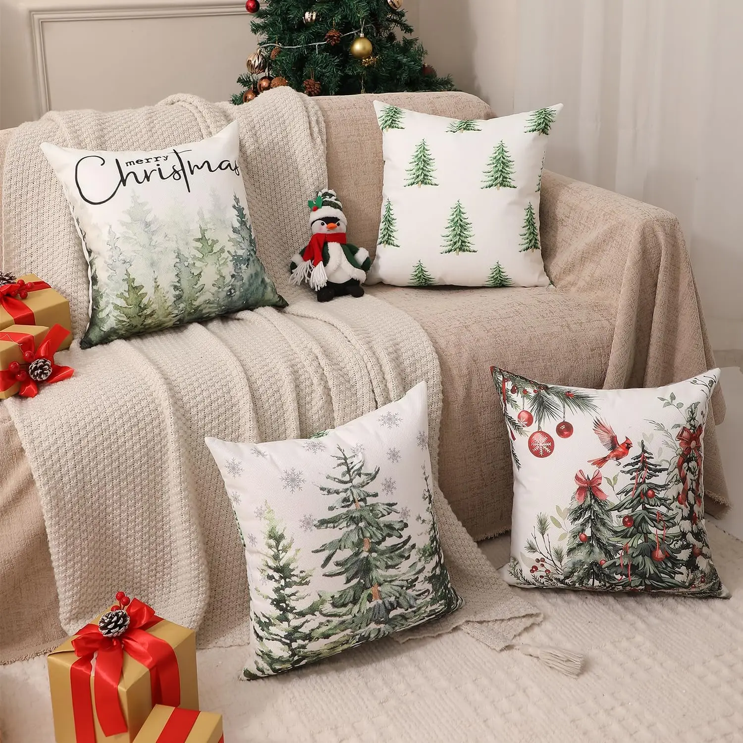 Juego de 4 Fundas de almohada navideñas، patones navideños، Feliz Navidad، Feliz y luminoso، Let It Snow، إلخ، perfecto para