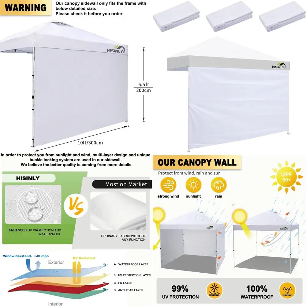 

10x10 ft 3-Pack Waterproof & UV-Protected 210D White Tent Sidewalls for Outdoor Events and Camping
