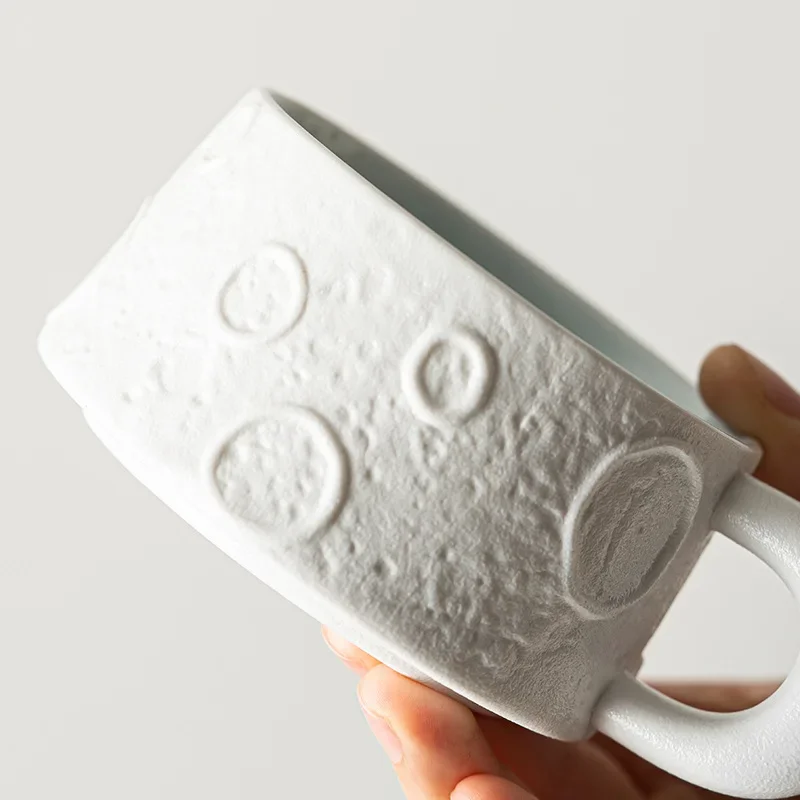 Lunar Crater Ceramic Mug & Saucer Set, Moon Surface Design Coffee Tea Cups for Home Office Use, Nordic Minimalist Style Gift