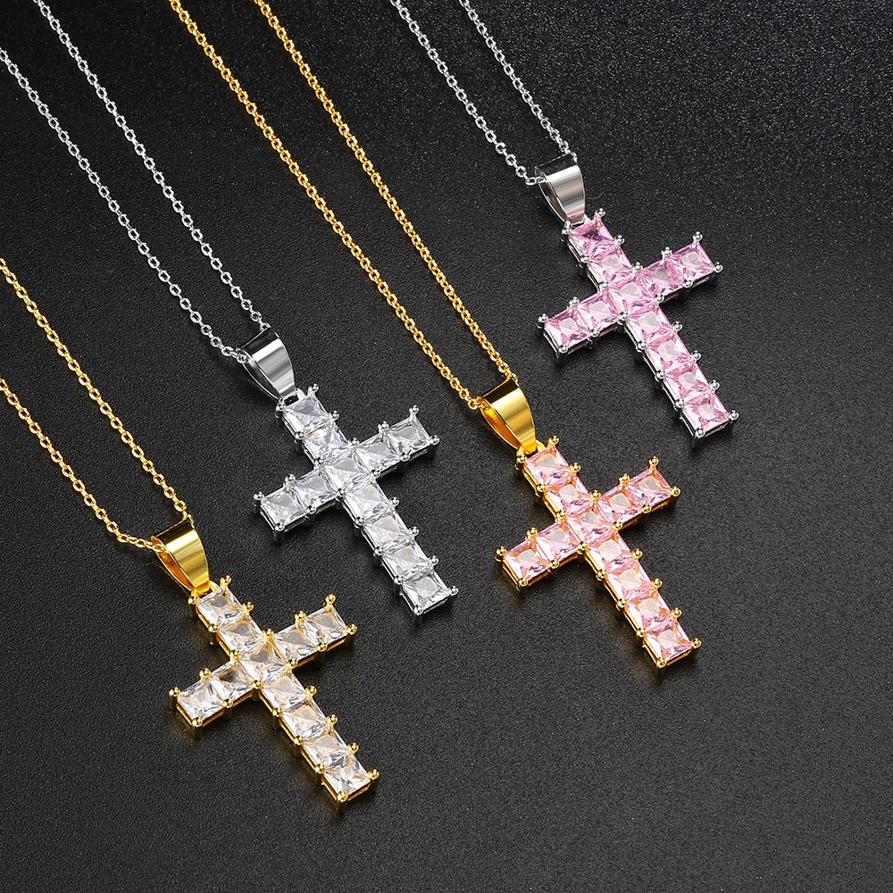 Rapper Hip Hop Iced Out Crystal Cross Pendant Necklaces Simple Gold Color Choker Chain on Neck Punk Jewelry Birthday Gift KBN406