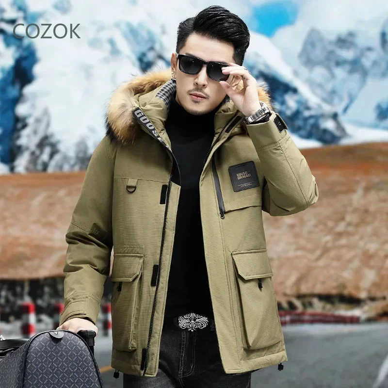 COZOK Men's Winter Down Jacket Removable Fur Collar 2025 Designer Clothes Men Duck Padding Hooded Padded Male Coat