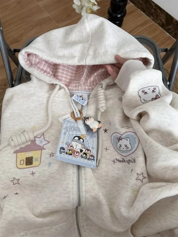 Cute Cartoon Embroidery Drawstring Hoodie Women's Lazy Style Open Cardigan Coat Korean Style Loose Fit Long Sleeve Warmth