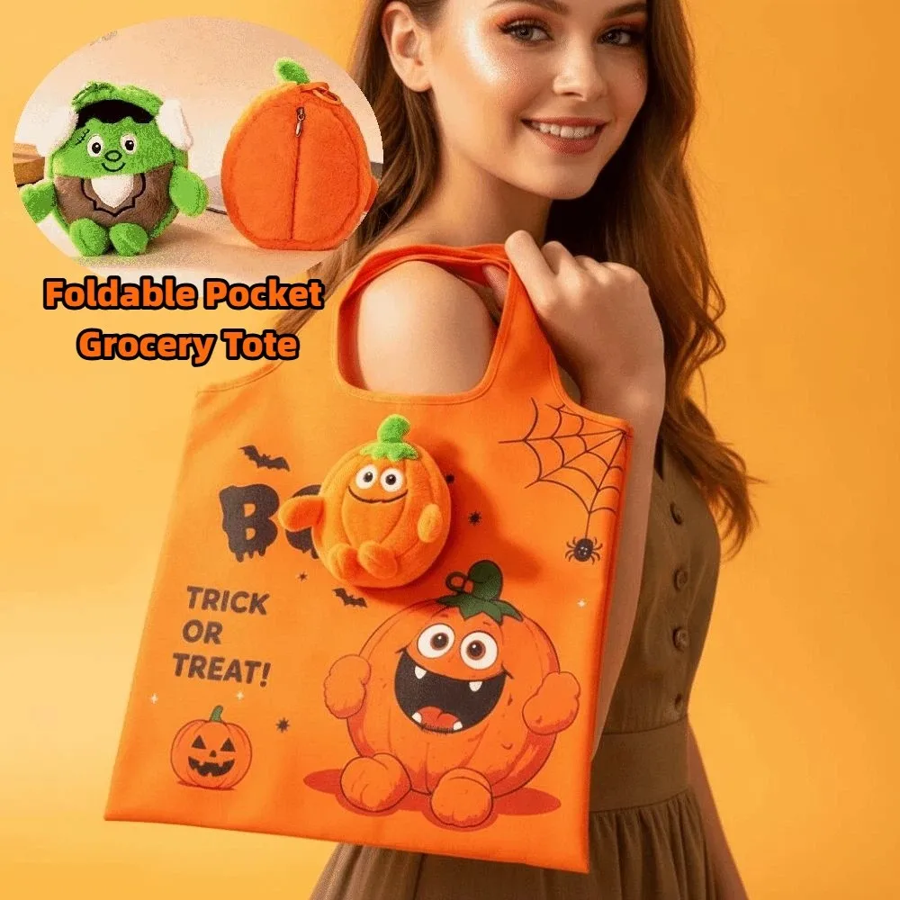 Solid Color Halloween Grocery Tote Mini Tear-Resistant 2-in-1 Bag Charm Pouch Ultra-Lightweight Space-Saving