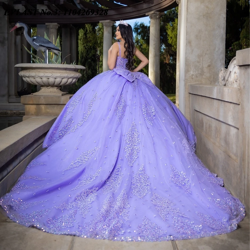 

EVLAST Customized Mexican Lilac Quinceanera Dress Ball Gown Sequins Lace Applique Beading Bow Sweet 16 Vestido De 15 Anos E3Q265