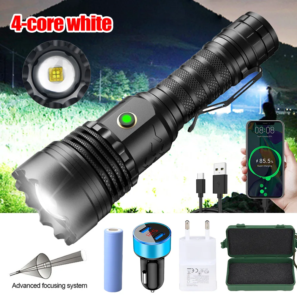 

Powerful LED Flashlight 21700 Rechargeable Flashlights 4core White Light Lighting Type C Torch Use for Camping Fishing הגנה עצמ