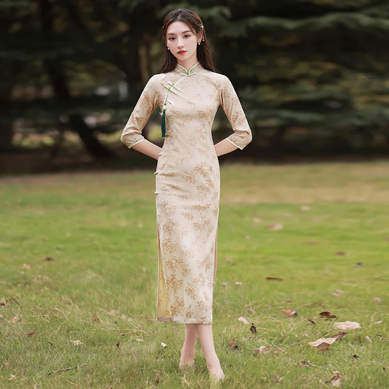 

Khaki Cheongsam Velvet Flower Elegant Spring Summer Long Dress Half Sleeve Vintage Women Qipao S To 2XL