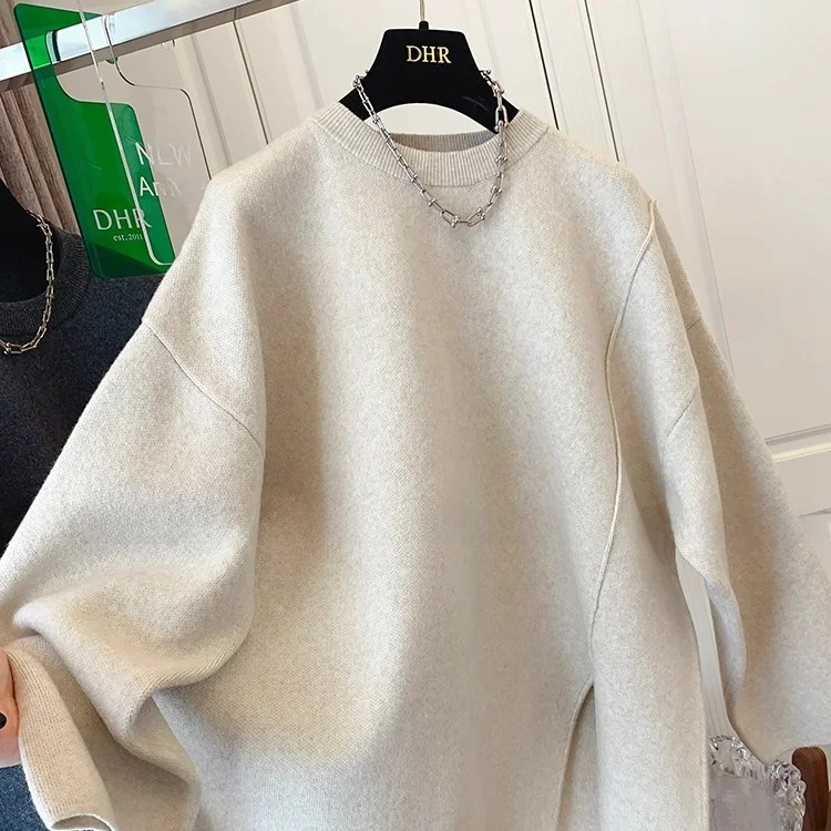 

Свободный вязаный свитер с длинными рукавами для женщин, осенне-зимний, больших размеров, удобный, дышащий, модный, с разрезами, топ