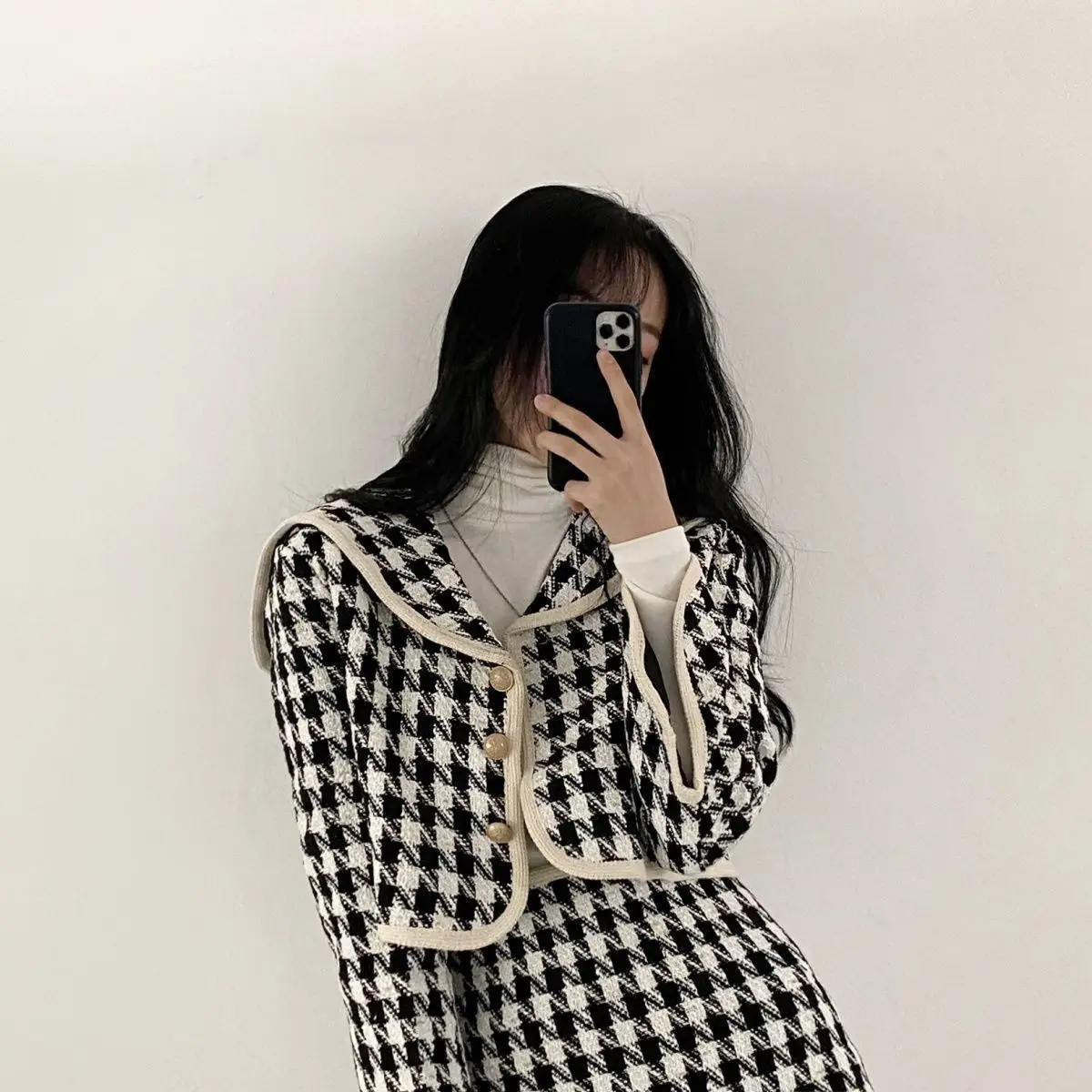 Houndstooth Two-piece Suit Female Temperament Buttons V-neck Long Sleeve Dress Sets Autumn Winter New Fashionable A-line Skirt