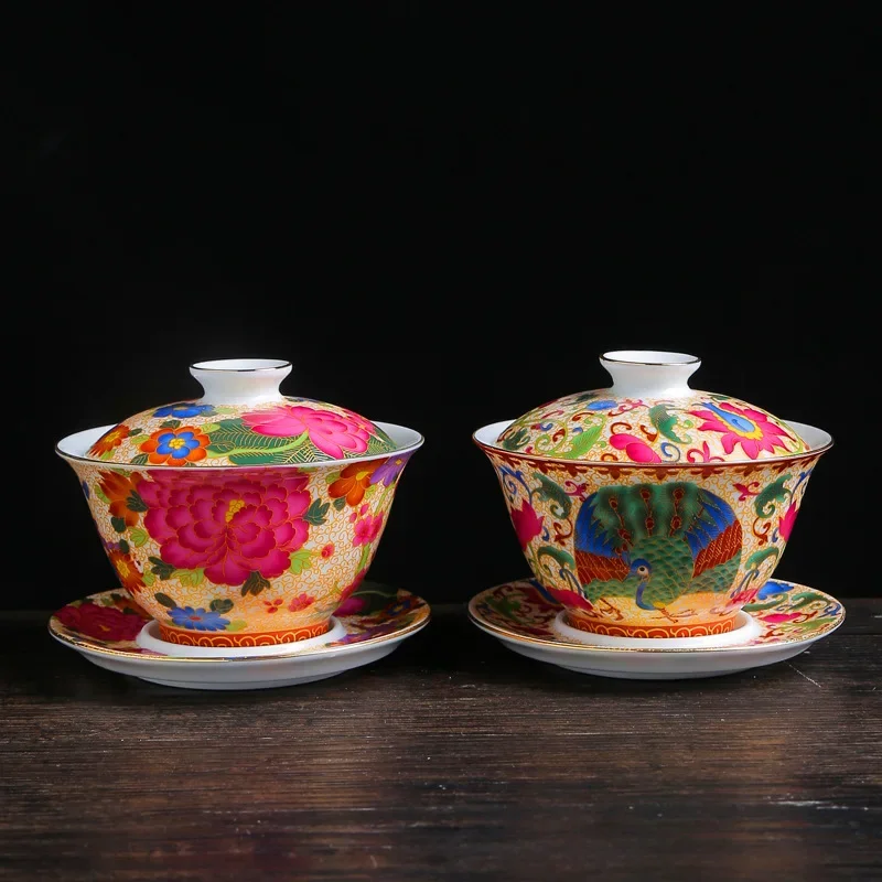 

Color Enamel Gaiwan White Porcelain Cover Bowl Golden Kung Fu Tea Set Handpainted Peony Flower Tureen Travel Teaware