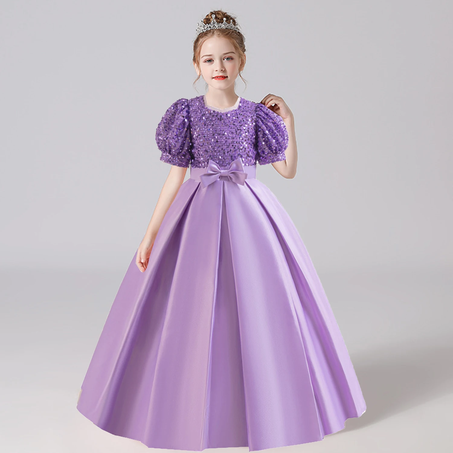 Little Big Girls Puff Sleeves Sequined Flower Girl Birthday Party Pageant Formal Long Dress ALP0013