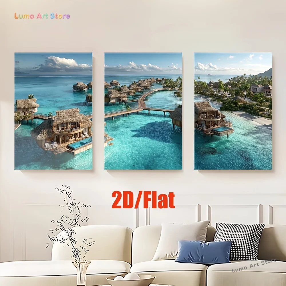 2D Flat, 2D/Flat, 3pcs/set, canvas paintings-frameless, resort on water in maldives islands, Posters and prints, living room,
