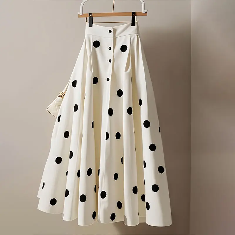 Gaganight White Polka Dot Breasted Waist Thin Skirt Early Autumn Women Clothing 2025 New Imperial Sister Style Skirts Bottoms