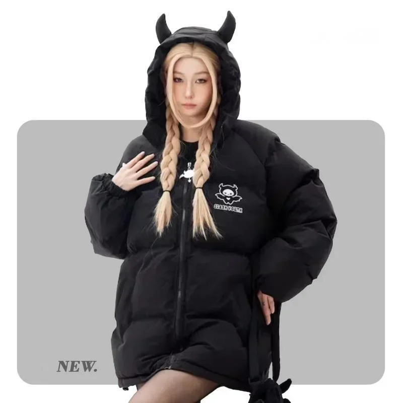 Creative high street winter warm down jacket little devil cartoon winged tail parka 2000s couple loose hooded bubble jacket