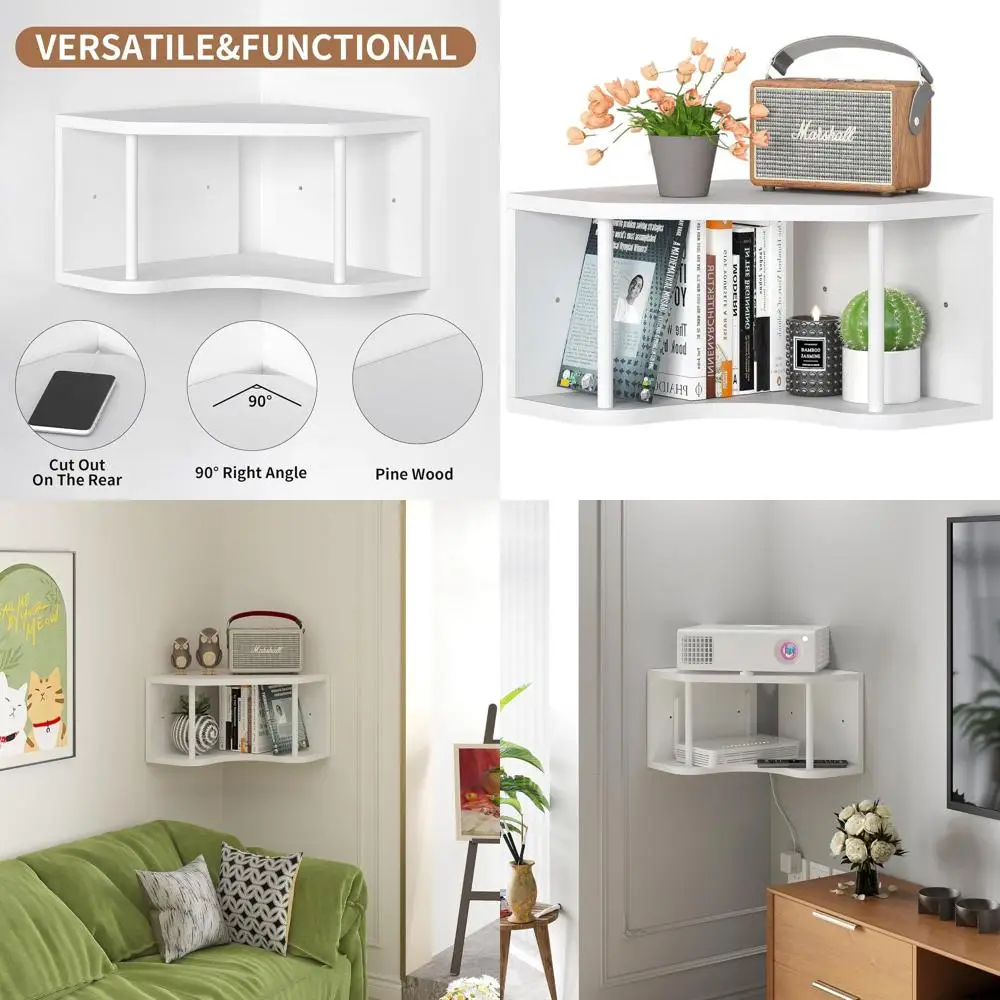 

Pine Wood 90° Corner Floating Shelf - 18 Wall-Mounted Bedside Cabinet Shelf with Cord Hole for Living Room & Bedroom