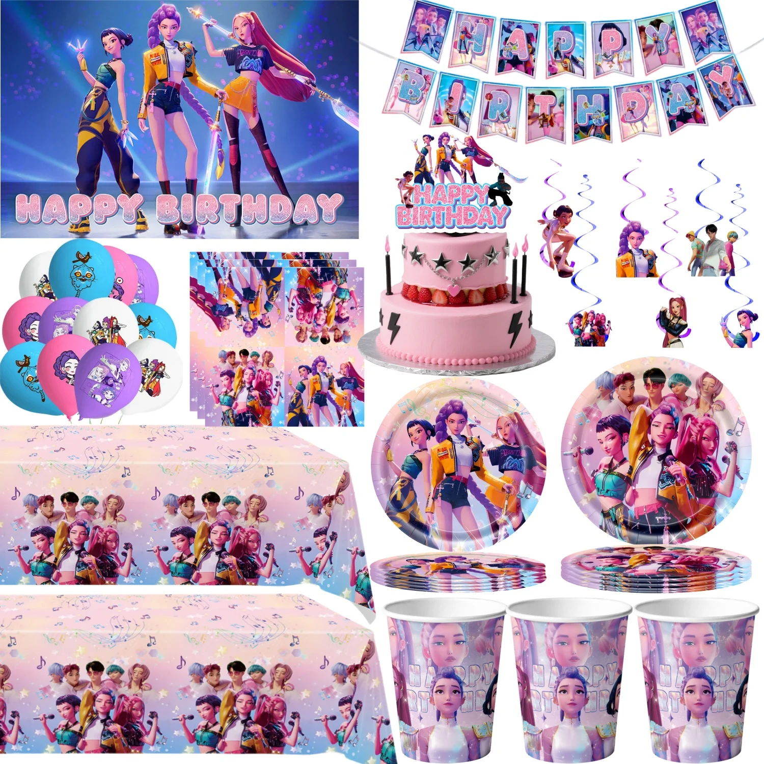 

Demon Hunter kpop Party Decoration k pop Demon Hunters Birthday Table cloth kit Plate Cup Bags Demon Hunters Kpop Party Favors