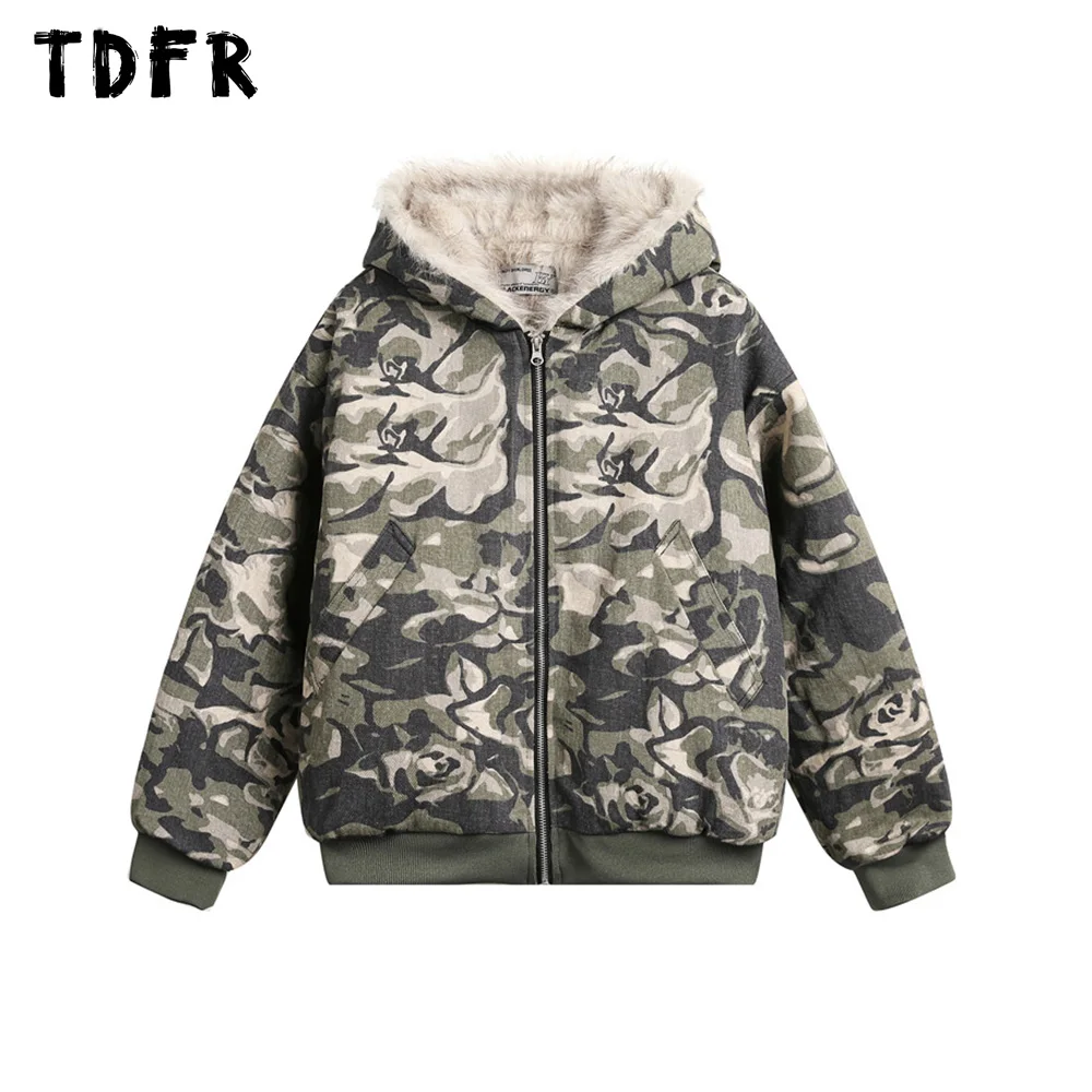 Camouflage Hooded Padded Jacket Mens Retro Safari Style Pocket Long Sleeve Thick Quilted Jacket Men