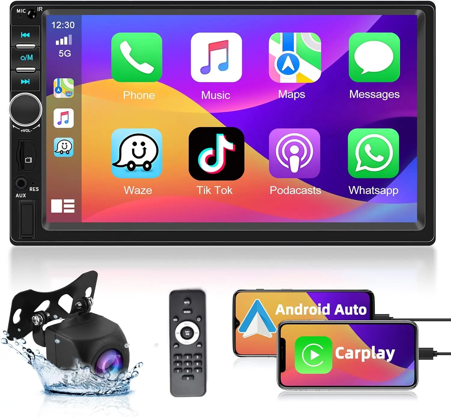 

7-футовая автомобильная стереосистема Double Din с Bluetooth 5.0, мультимедийным плеемом с сенсорным экраном, беспроводной CarPlay и Android Auto, FM-радио, рулевое управление