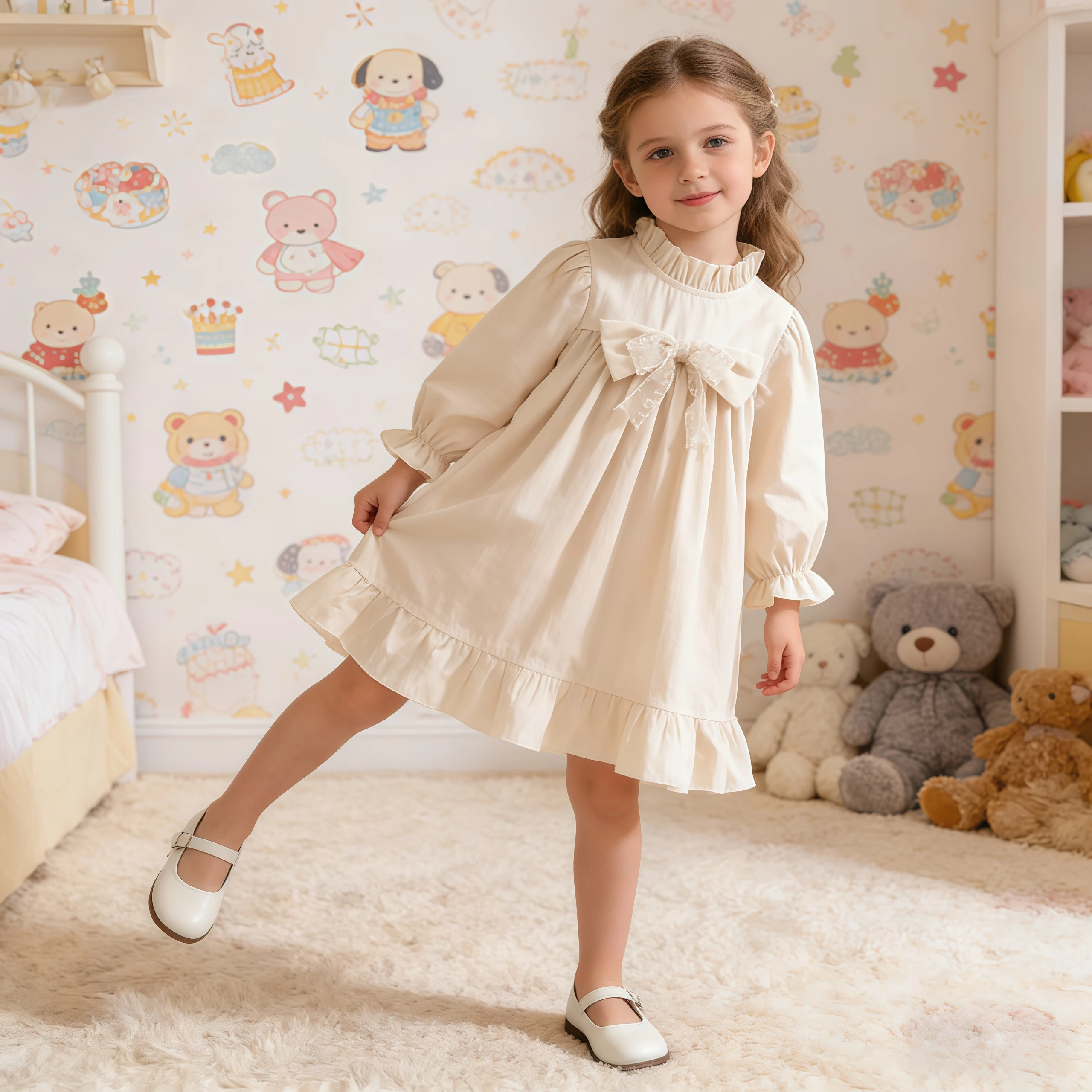 

Весеннее милое платье принцессы с длинными рукавами и бантом для маленьких девочек, повседневная детская одежда, модное платье на каждый день, праздничное цельное платье