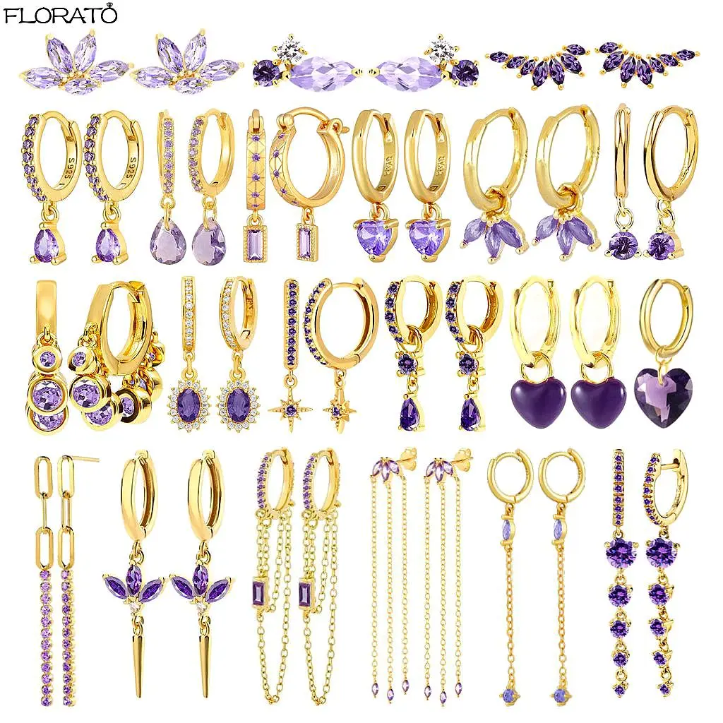 

925 Sterling Silver Needle Purple Crystal Heart Pendant Earrings Gold Color Small Hoop Earrings for Women Fashion Jewelry Gift
