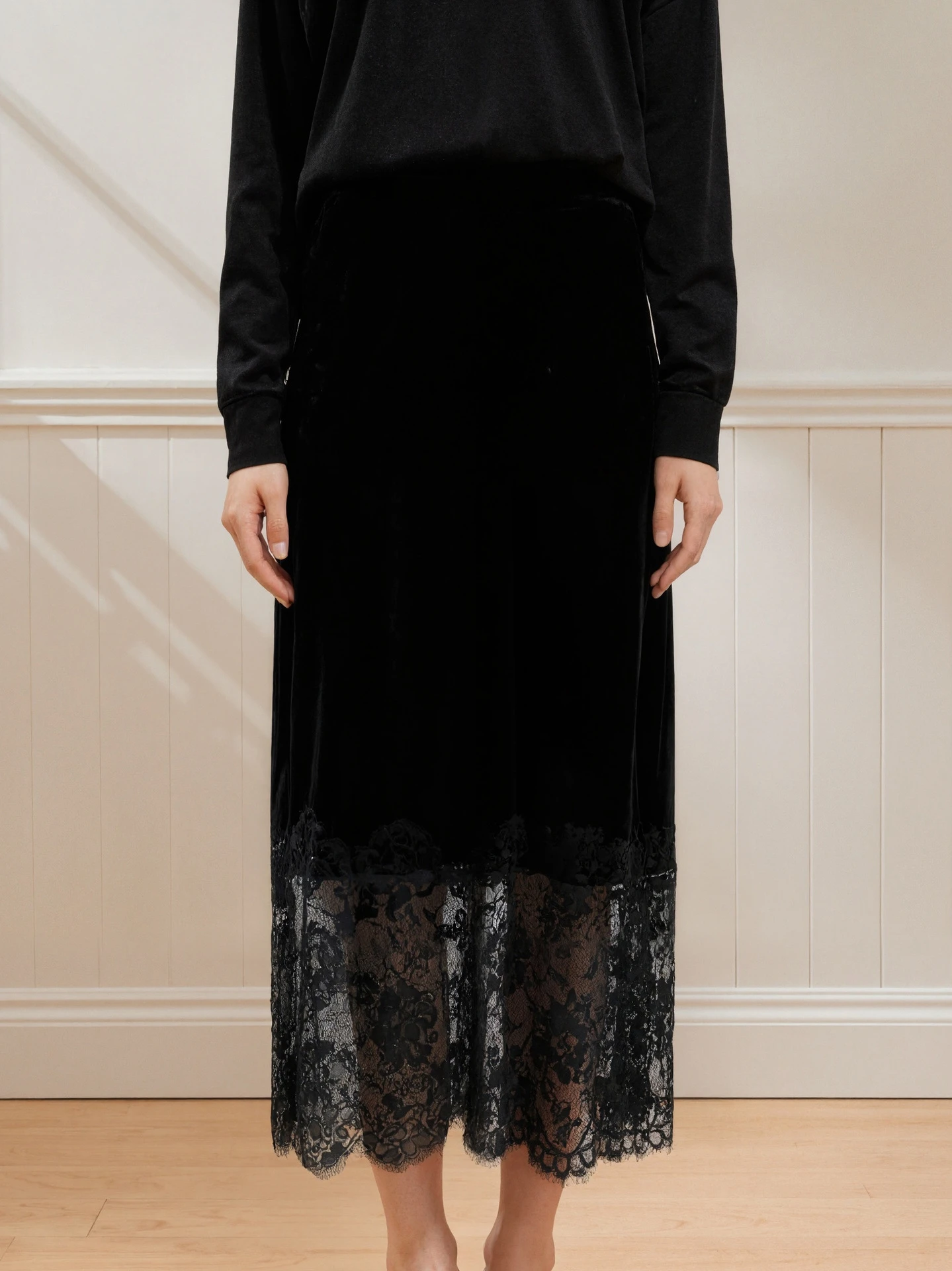 Faionable Casual Fluwelen Patchwork Kanten Rok Dames Pendelen Sle Hoge Taille A-lijn Rok Stand Fit Herfstseizoen