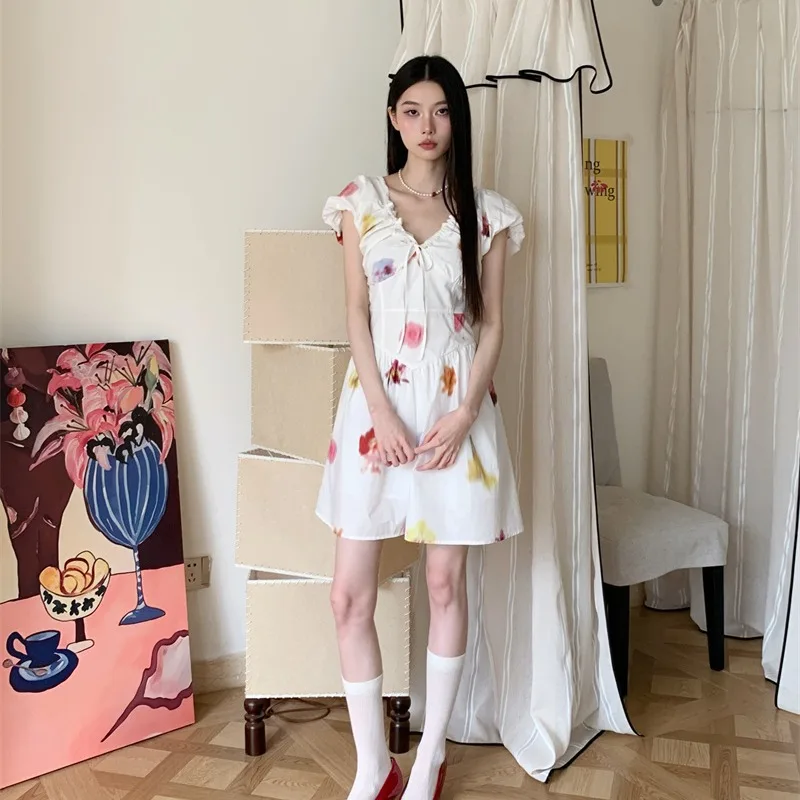 프랑스어 레트로 v 넥 프린트 퍼프 슬리브 화이트 꽃 미니 드레스 여성용 여름 슬림 피트 캐주얼 목가적 스타일 a 라인 드레스