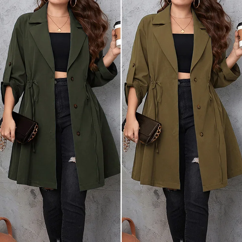 Trench Women Coats Mid Length Coat Turn Down Collar Streetwear Jackets Single Breasted Elegant Maxi High Waist Jacket Elegant