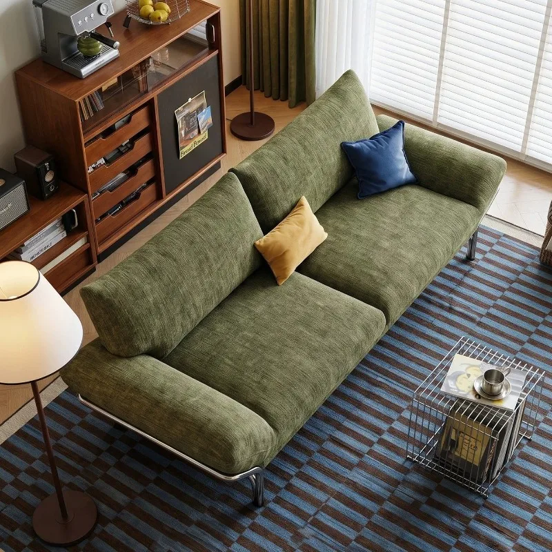 Medieval fabric sofa, simple designer retro living room small apartment high-end stainless steel high-footed straight-row sofa