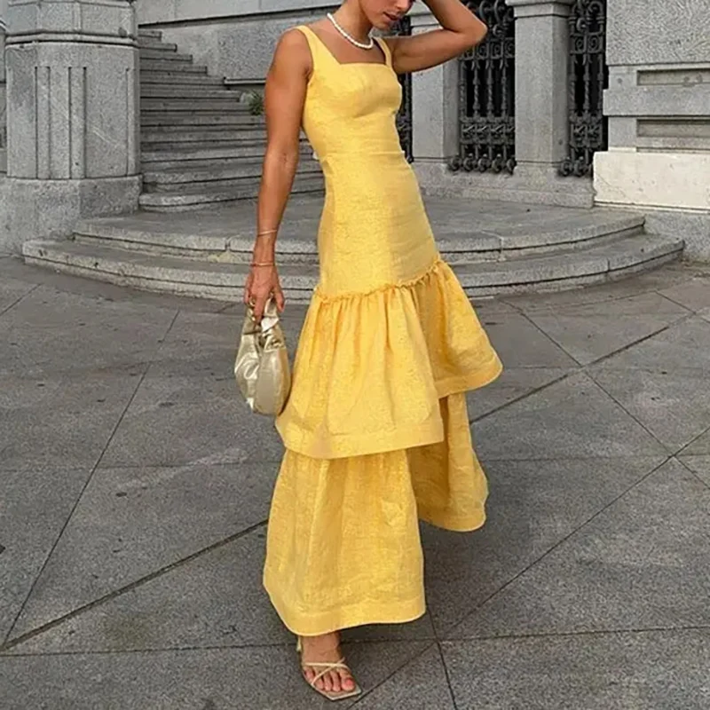 Women Elegant Hight Waist Slim Evening Dress 2024 Fashion Square Collar Layered Long Dress Casual Sleeveless Draped Ruffle Dress