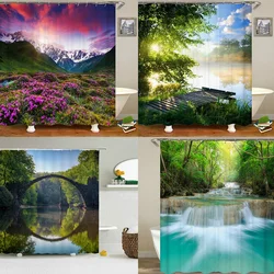 Suburban Bamboo Shower Curtain Waterfall Bathroom Curtain Mountain Landscape Bathroom Waterproof Fabric Decorative With Hooks