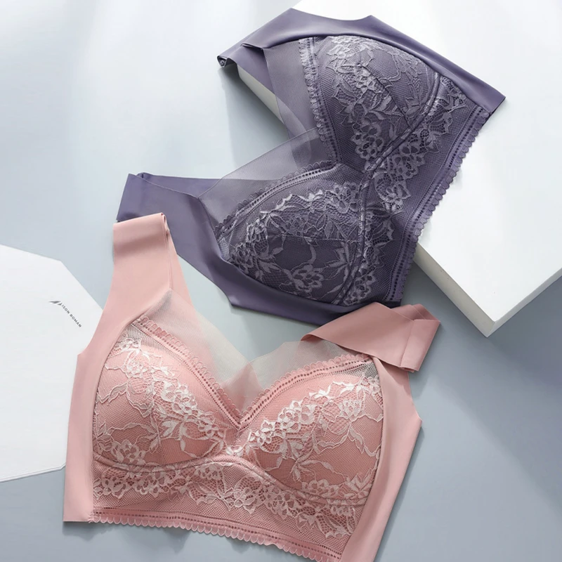 Women\'s Bra Large Size Seamless Thin Lace Wrap Chest Underwear One-Piece Fixed Cup No Steel Ring Gather Vest Bra Women