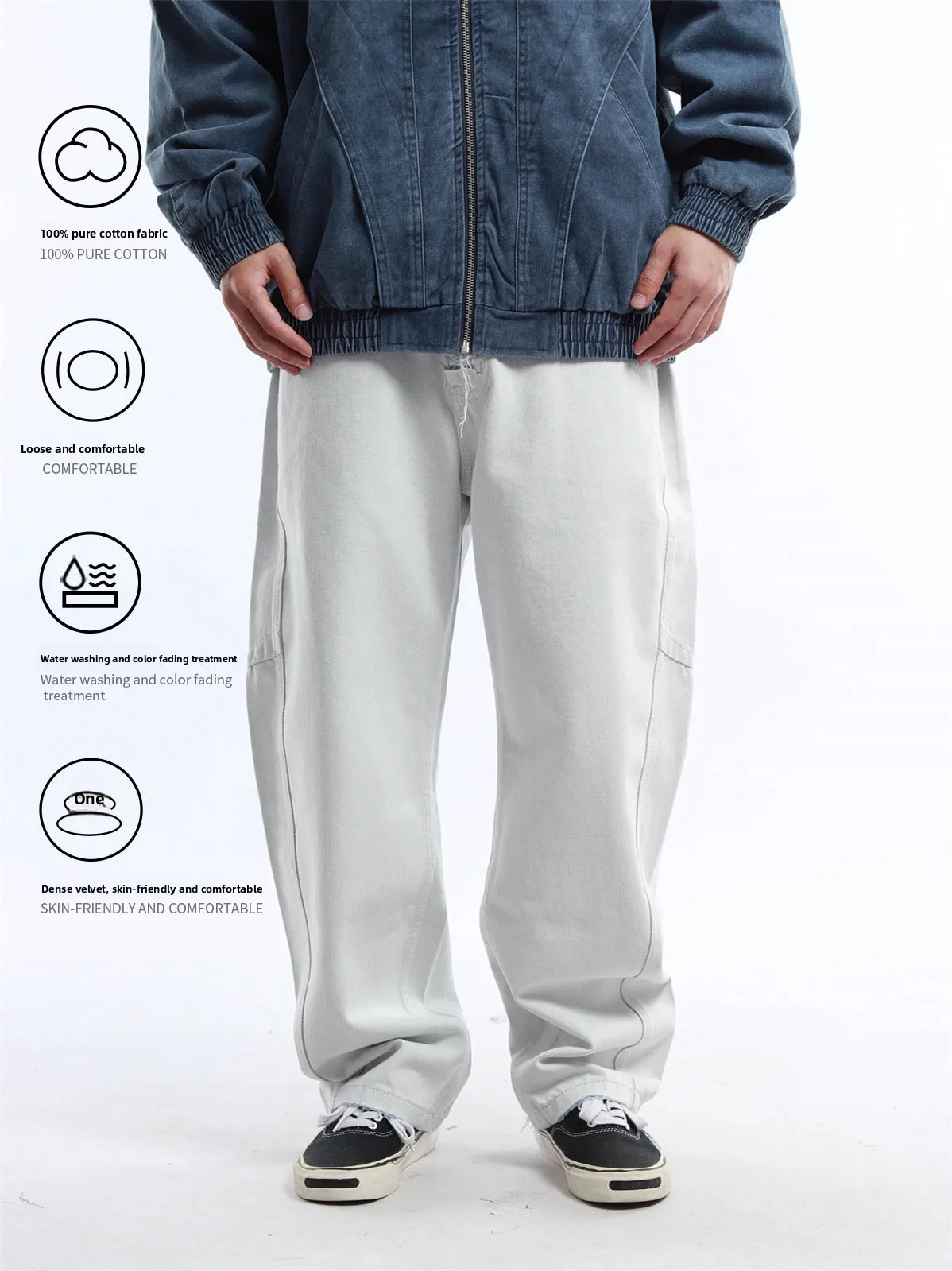 Washed Pure Cotton Straight Leg Loose Men's Jeans Casual Long Trousers Retro White Grey Door Access Destruction Japanese Style