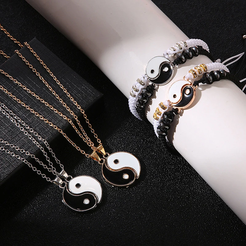 2 pezzi Tai Chi Yin Yang coppia bracciali collane Set ciondolo regolabile treccia catena braccialetto abbinato amante bracciali girocollo