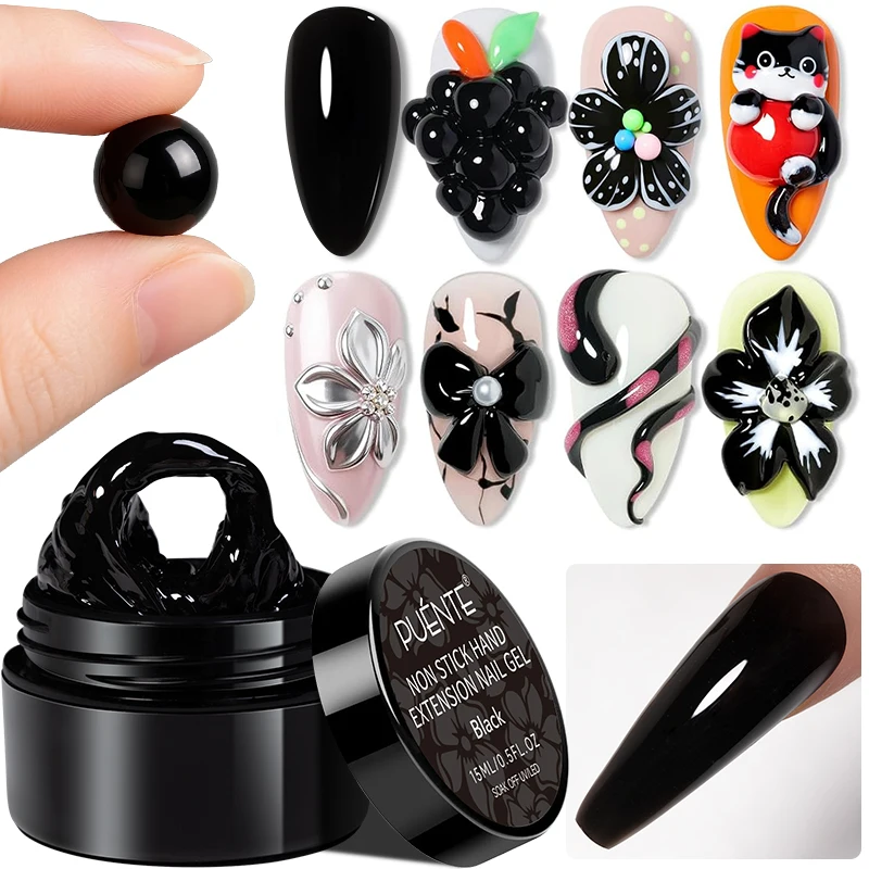 PUENTE 15ML Non Stick Hand Extension Nail Gel Polish Black Solid Builder Nail Gel For 3D Flower Carving Soak Off UV Nail Art Gel