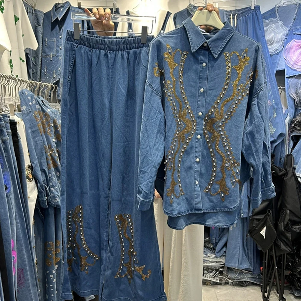 European design hot diamond diamond loose denim long-sleeved shirt top + elastic waist trousers two-piece suit for women-GZTZ001