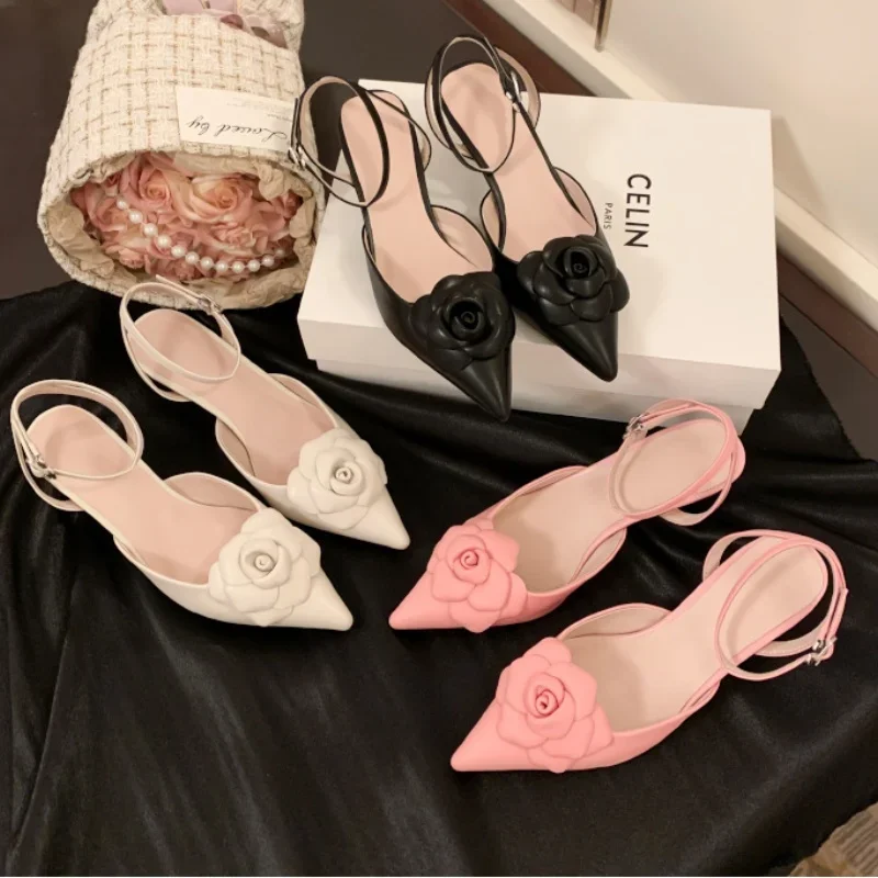 Romantic Flower Sandals Pointed Cover Strange Low Heels Elegant Ankle Buckle Strap Back Hollow Summer Gentle Women Modern Shoes