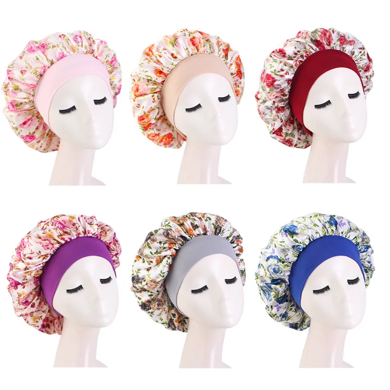 2025 New Satin Flower Print Bonnet Chemo Sleep Cap Wide Elastic Women Hair Care Beauty Makeup Hat Nightcap Wrap Head Hijab Caps