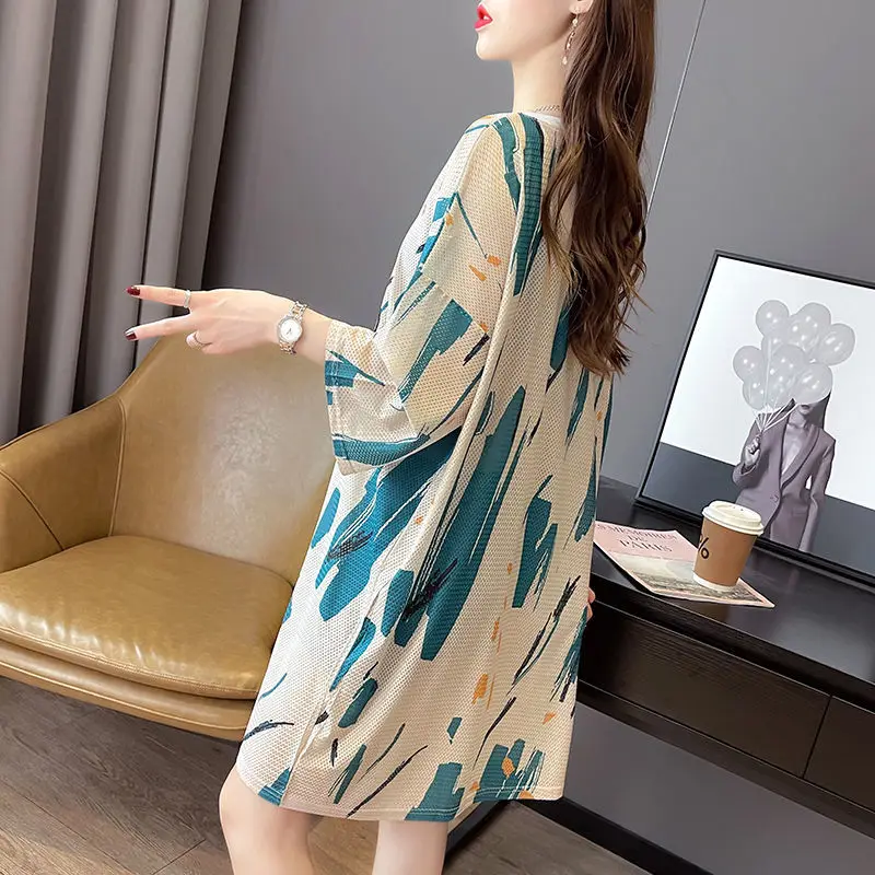 Loose Oversized Temperament Women's Clothing Short Sleeve Round Neck Hollow Out Gauze Casual Simplicity Medium and Long T-shirt