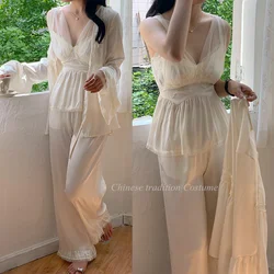 Retro Palace Style Pyjamas 3Piece Set Lady Elegant Sleepwear Loungewear Pajamas Mesh Lace Strap Top&pants Satin Summer Nightwear