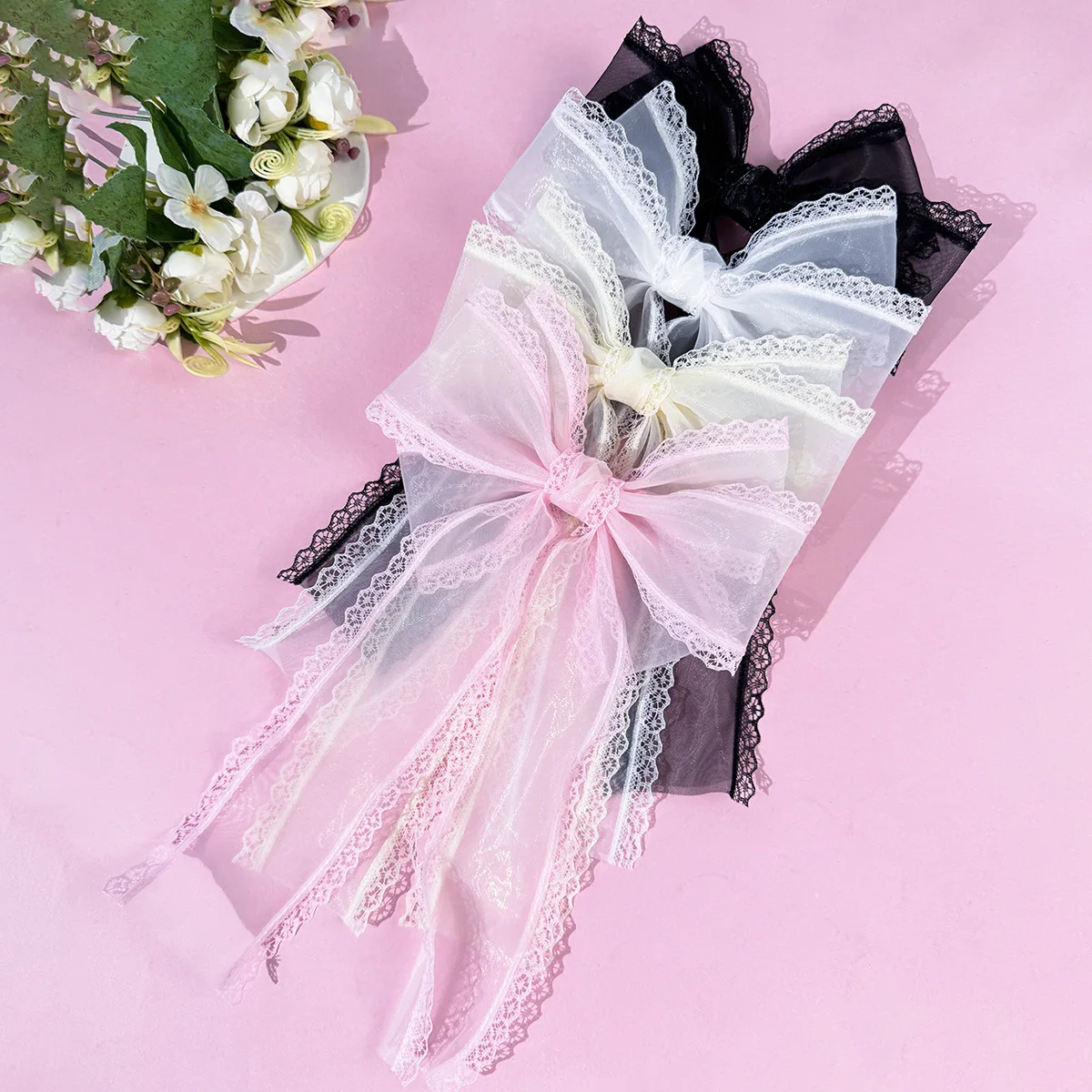 24pc Long Tassel Oversized Bow Hair Clips Organza Bow Hairpins for Women Girls Lace Trim Side Clips Hair Accessories Bulk