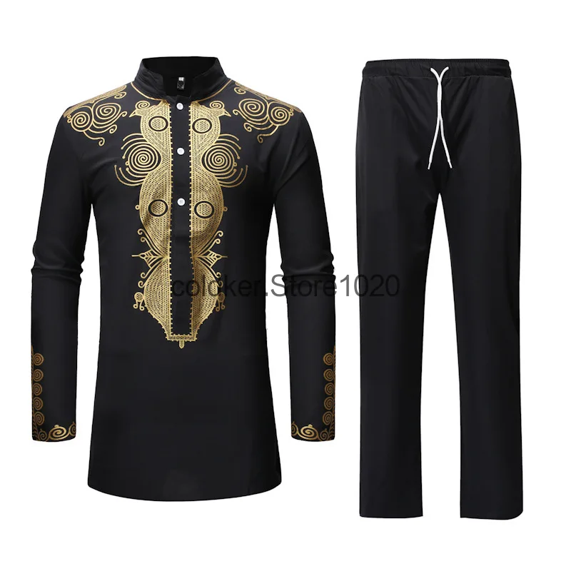 Fashion Men's Oversized Halloween Costume Long Sleeve African Style Ethnic Print Long Sleeved T-shirt and Pants Set