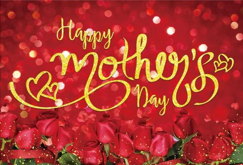 Happy Mother's Day Theme Backdrop Red Rose Glitter Golden Love Heart Party Decoration for Women Thanks Mom Photo Background