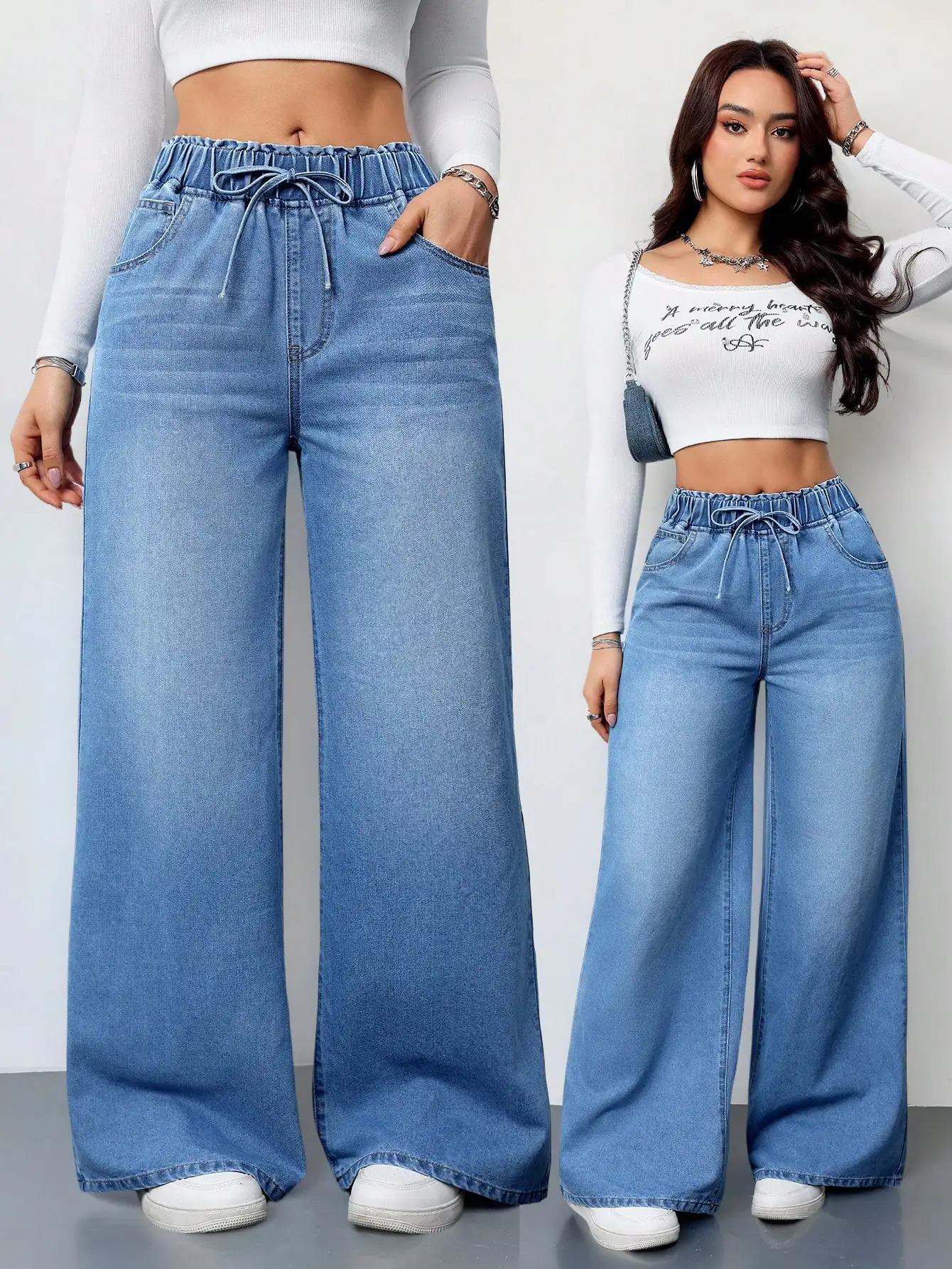 Women's Jeans Casual High Waist Wide Leg Trousers Blue Summer Clothing Elastic Waistband Loose Straight Pants Tall Women